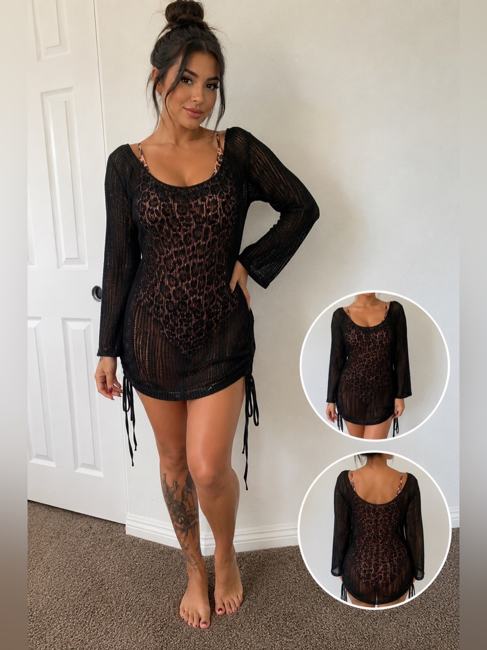 Black Sheer Knit Long Sleeve Tunic swimsuit, cover-up.